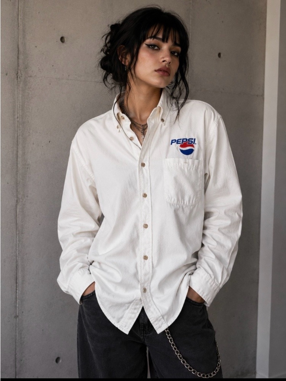 Vintage Pepsi Logo Button Down Shirt XL White Cotton Oxford Embroidered USA